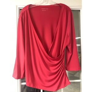 Coldwater Creek Women Red V Neck Ruched Wrap Style 3/4 Sleeve Top Large‎